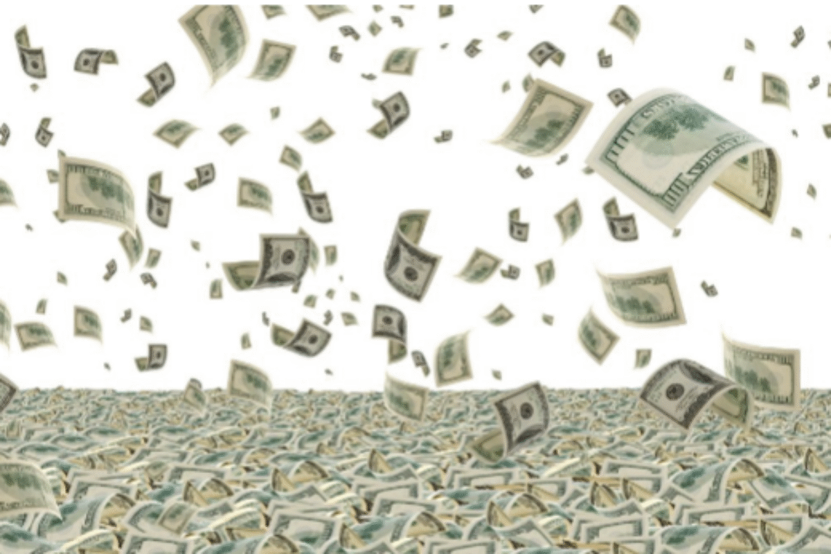 100-dollar bills float down into a pool of money