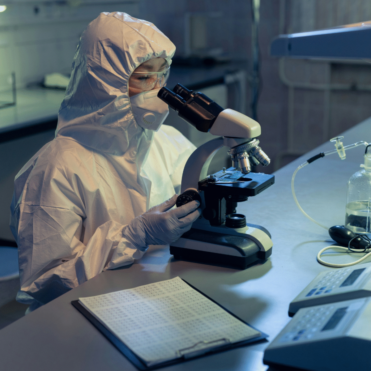 Woman in hazmat suit looking through microscope